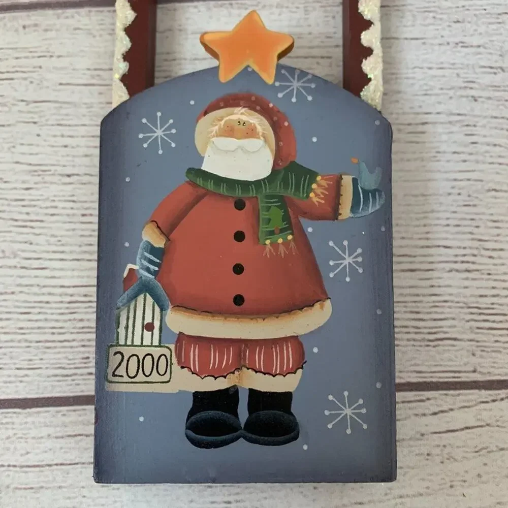 Wood Santa Clause Sled Christmas Ornament Hand Painted Birdhouse Snow 2000